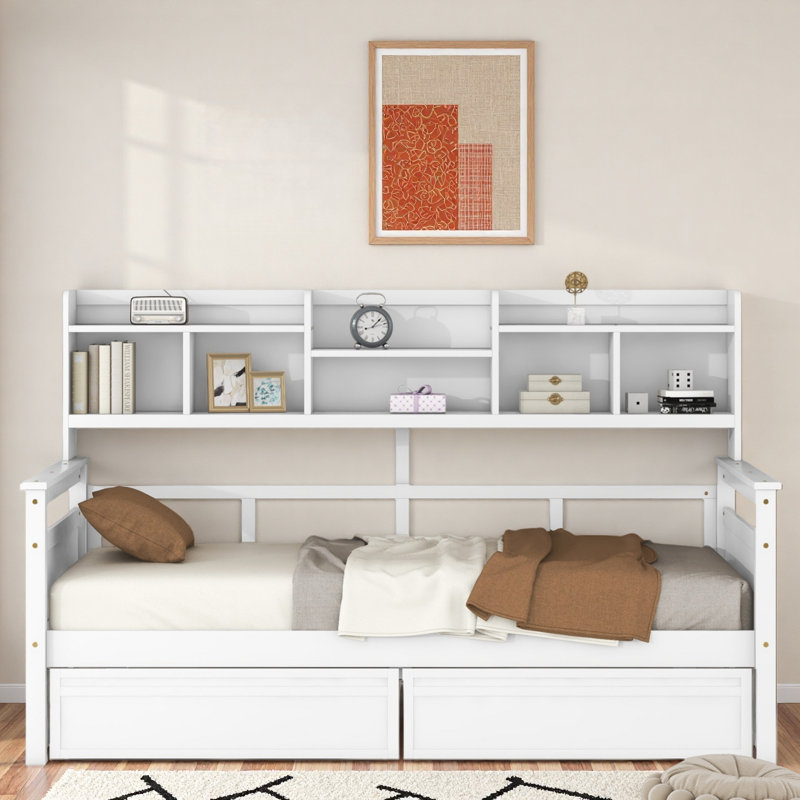 Modern Daybed With Storage Shelves And 2 Drawers, White