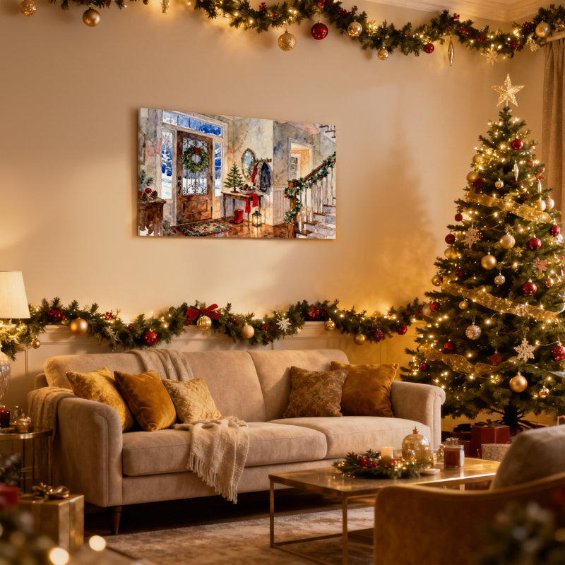 Entrée de Noël de Noël avec couronne et arbre, ensemble de 3 impressions murales sur toile, H 20 po x l 30 po