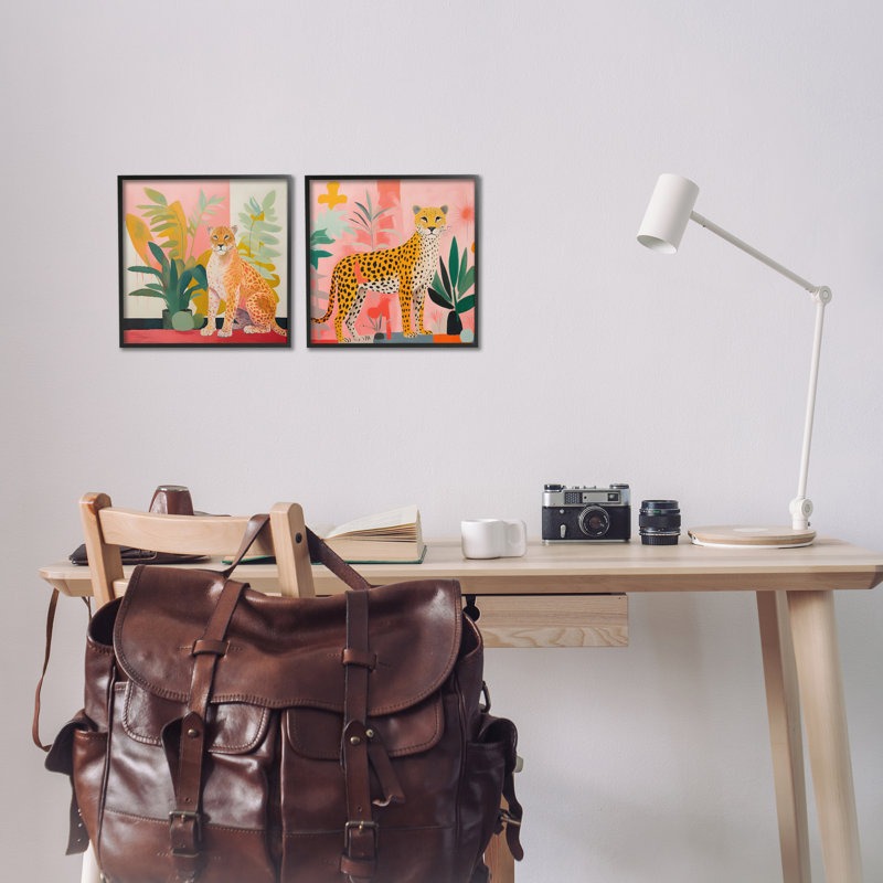 «Jaguar Leopard Pots Palms» par PC, H 12 po x l 12 po, Giclée encadrée noir minuit