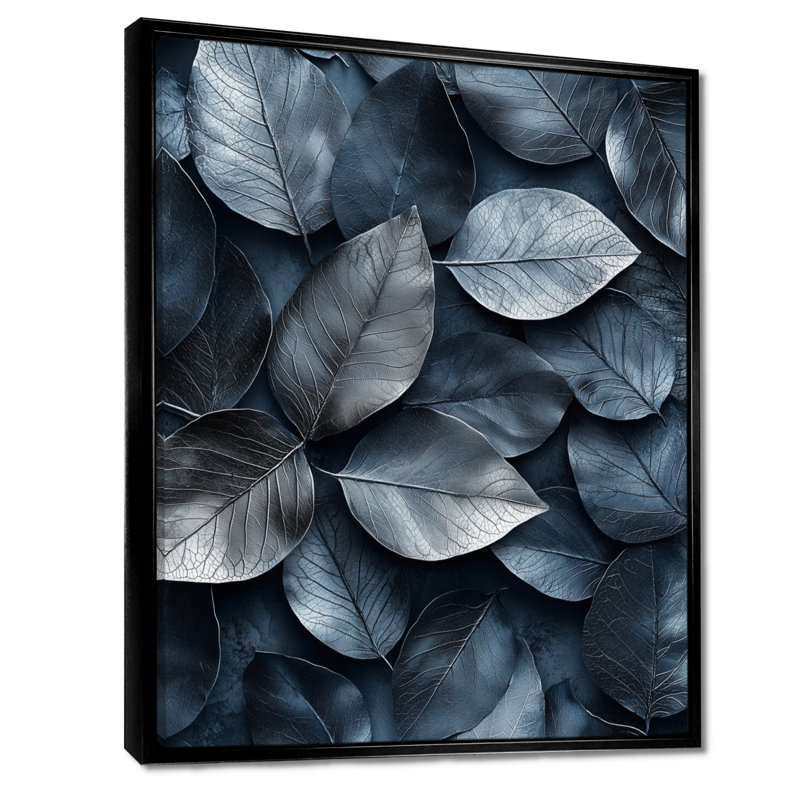 Étain, feuilles, art mural sur toile, Noir, Reproduction avec cadre flottant, H 20 po x l 12 po