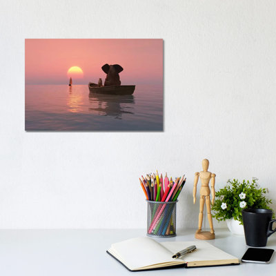 Elephant and Dog Are Floating in a Boat at Sunset 1 Piece Wrapped Canvas Wall Art