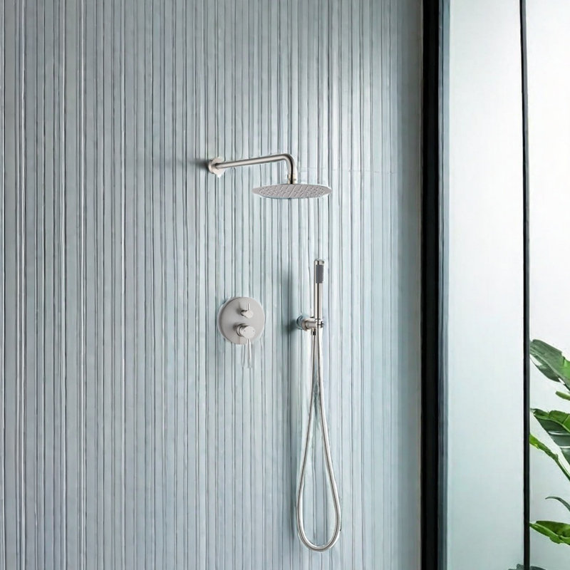 Wall Mounted Round Shower Combo Setwith Pressure Balancing Valve,10" Rain Shower Head And Handheld Shower Head, 2-Handle Control, Adjustable Holder