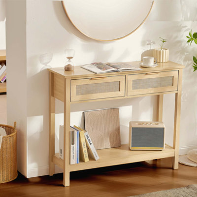 Console en rotin avec 2 tiroirs de rangement, table d'entrée en rotin avec porte coulissante en rotin naturel, table console pour salon, bureau, entrée ou mur télé