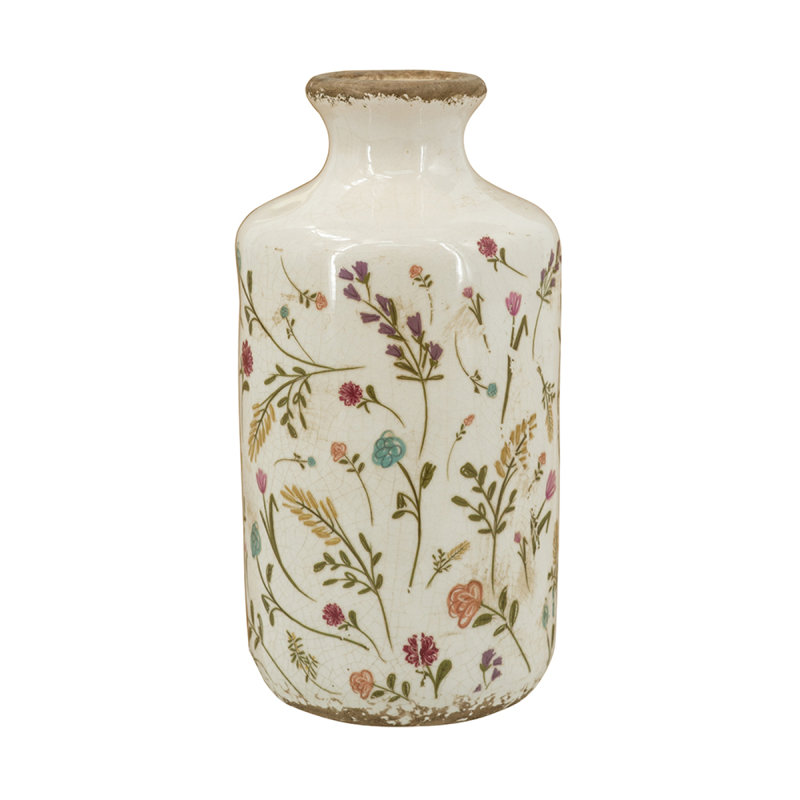 D4.3X8.3" Ceramic Cylinder Vase With Multi-Coloured Floral Motifs