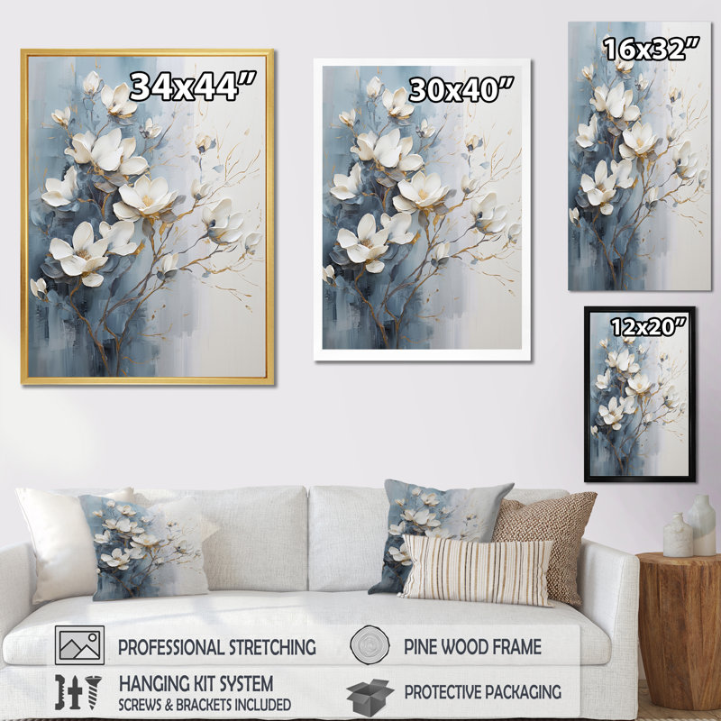 «Magnolias II», art mural bleu et blanc sur toile, H 20 po x l 12 po x P 1 po, Cadre simple blanc