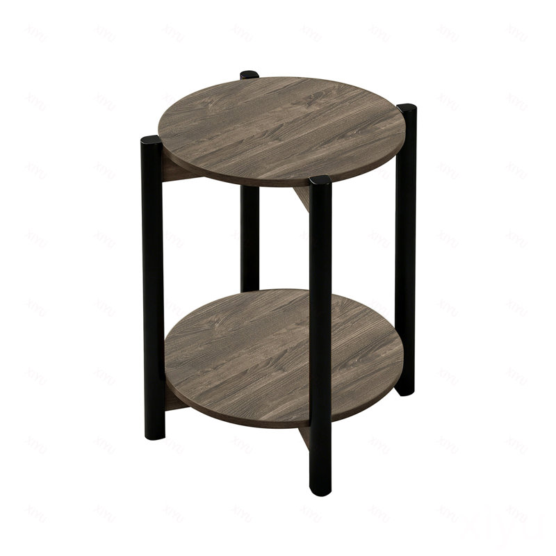 Table de bout ronde avec pieds en métal et tablette inférieure ouverte, Gris foncé