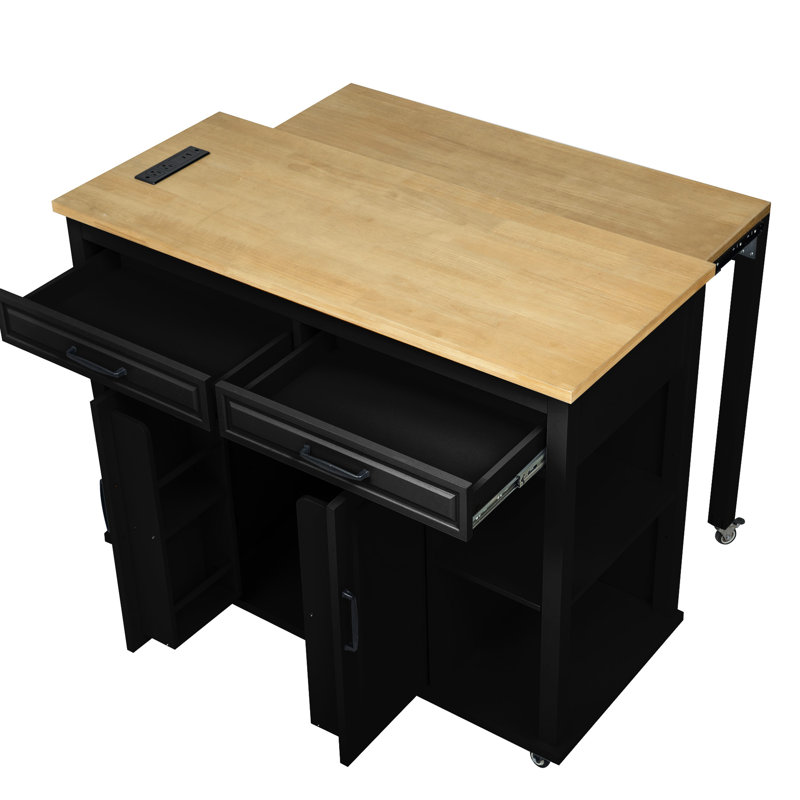 Îlot de cuisine de 47 pouces avec comptoir extensible, compartiments de rangement, bloc d'alimentation, charnières à fermeture en douceur, table à finition noire de 13,8 po x 41,7 po, rangement interne, armoires, 6 + 2 roulettes, pour la salle à manger