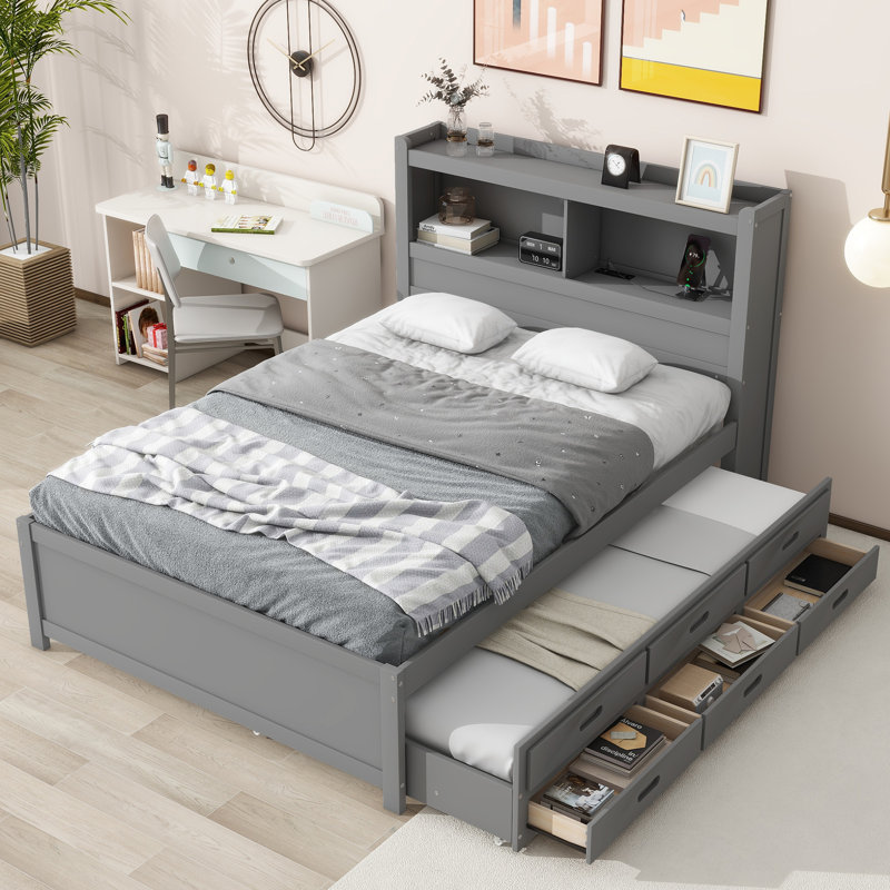 lit plateforme avec lit gigogne, tiroirs et prises USB, Gris