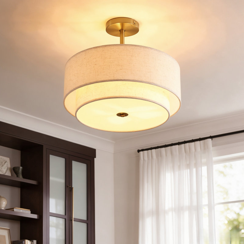 Plafonnier semi-encastré 3 lumières Boho Linen Drum, Doré
