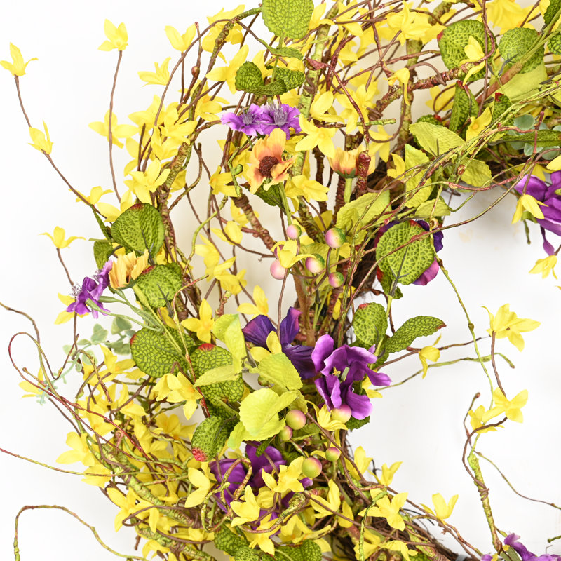 26" Artificial Farmhouse Twig Blossoms Cluster Greenery Mini Eucalyptus Wildflower Pansy Spring Summer Wreath For Front Door