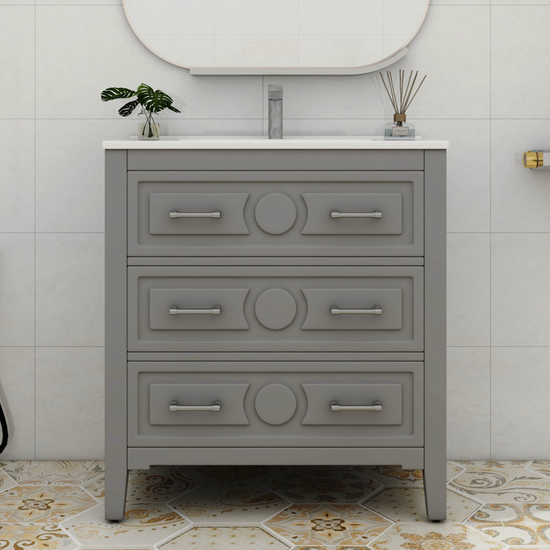 Armoire de rangement de salle de bain 30 po avec cadre en bois massif et 3 tiroirs, Gris