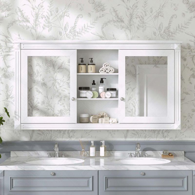 Wall Mount Mirror Cabinet Adjustable Shelves High Definition, White