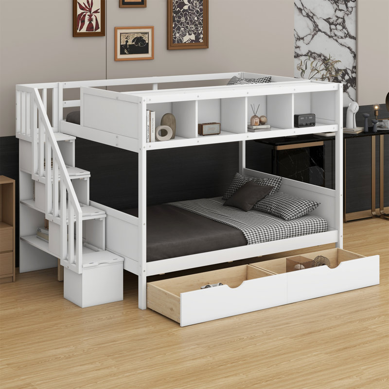 Lit superposé avec tablettes, escalier de rangement et 2 tiroirs, Blanc