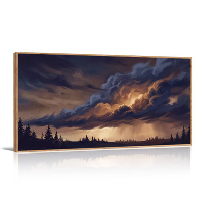 Tableau sur toile représentant des nuages ​​d'orage spectaculaires au-dessus d'une forêt de pins, idéal pour l'Halloween
