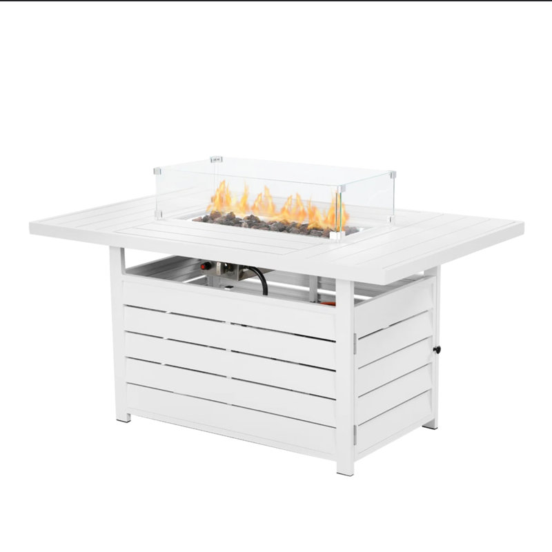 , 50000 , White Aluminum, Rectangular Fire Pit, Lava Rock, Tempered Glass Wind Guard, Waterproof Cover, Deck Entertaining 54.3 Inches Outdoor Patio Aluminum Table, Propane Gas, Stainless Burner And