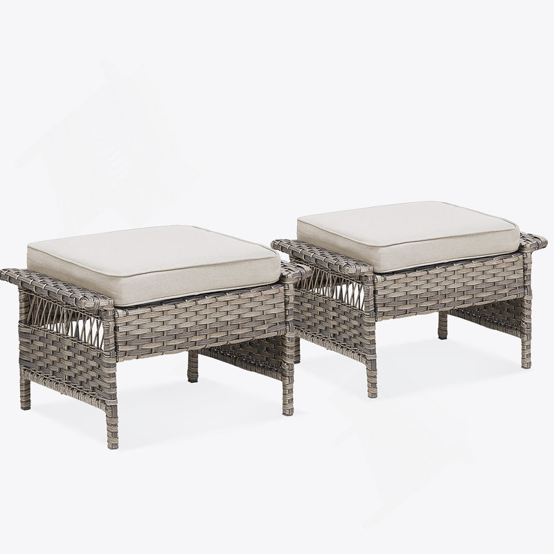 Ensemble de 2 repose-pieds d'extérieur en osier PE, coussins de patio en rotin gris avec coussins beiges pour cour ou terrasse