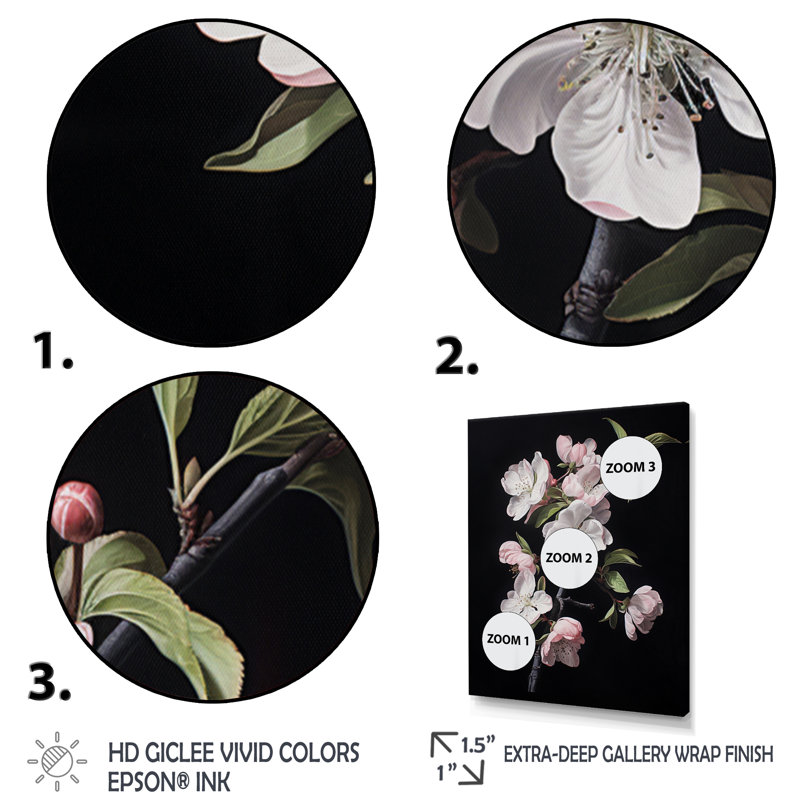 Fleur de pommier monochromatique élégance XXIII - Art mural sur toile florale, H 32 po x l 16 po x P 2 po, Toile tendue