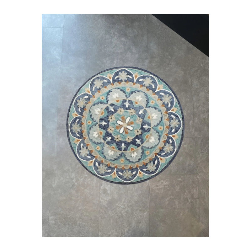 Blue Tone Multicolored Traditional Motif Floral Patterned Creative Woven Base Round Decorative Carpet, Round 2'8"