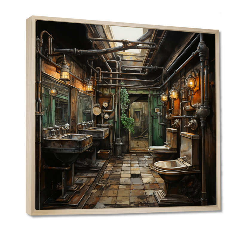 Toilette industrielle élégance mixte I - Art mural de toilette, H 36 po x l 36 po x P 1,5 po, Cadre flottant érable
