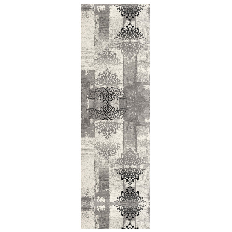 Tapis de couloir damassé 8 pi gris et ivoire
