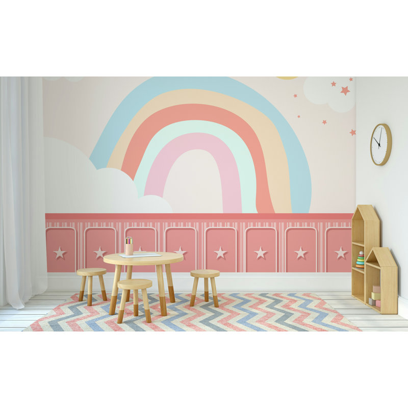 Papier peint amovible arc-en-ciel, ciel, croissant de lune, étoiles et nuages, L 114 po x l 204 po