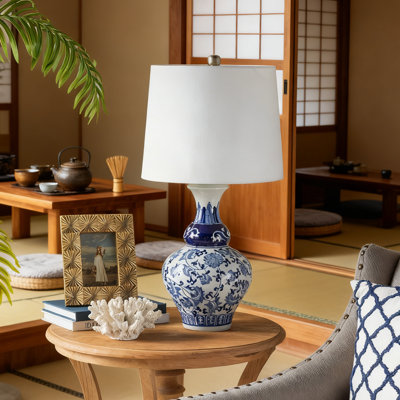 Blue&white Round Ceramic Vase Lamp –blue Patterned Porcelain, Ideal For Living Room/office/entryway Tabletop Countertop Decor
