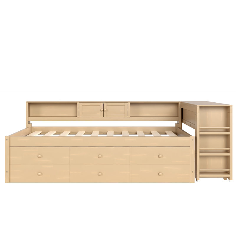 Lit de jour avec couchette, structure de lit de jour en bois avec tiroirs de rangement, tablettes latérales et bureau, Doré