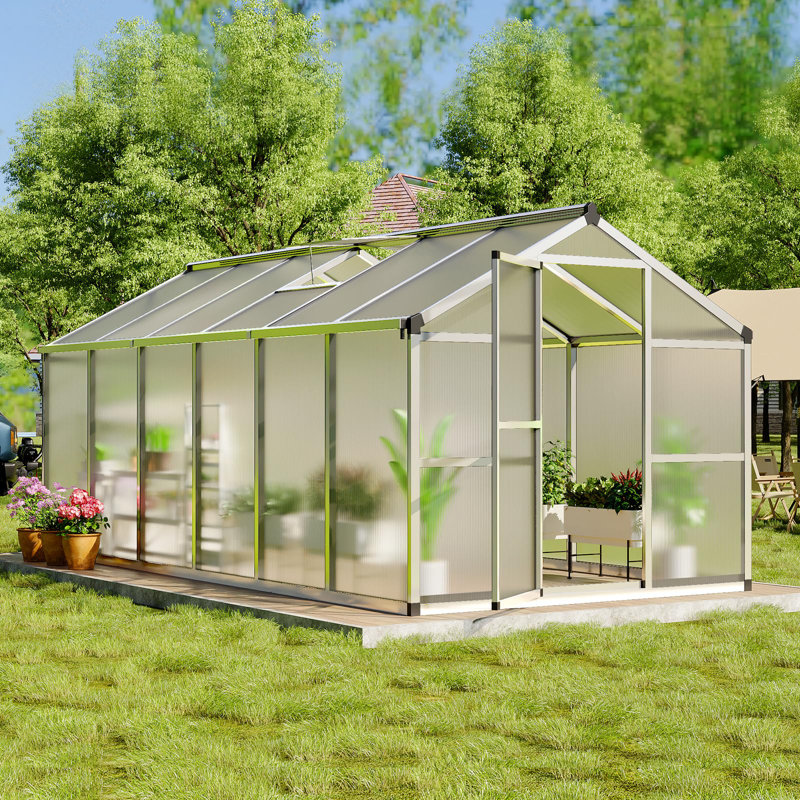 Polycarbonate Walk-In Greenhouse for Outdoors with Aluminum Frame, Sliding Door, Adjustable Roof Vent, Secure Lock & Upgraded Handle with Plastic Window Opener for Garden or Patio, 8x12 FT