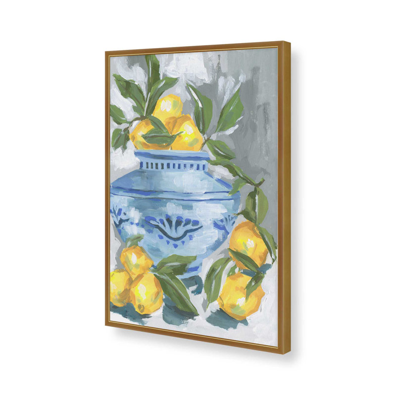 Indigo et citron I par Melissa Wang, reproduction d'art sur toile, H 16 po x l 12 po, Encadrement ouvert sans papier mat