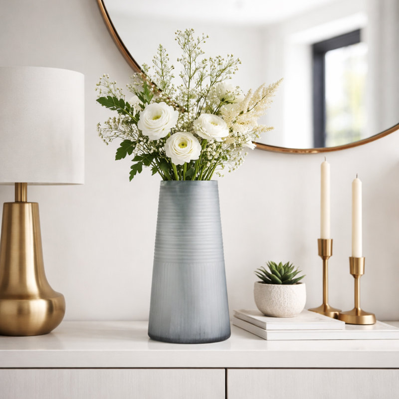 Modern Glass Table Vase With Textured Lines For Home Decor Accent - Stylish Flower Vase & Decorative Tall Vase Centerpiece - 12", Blue