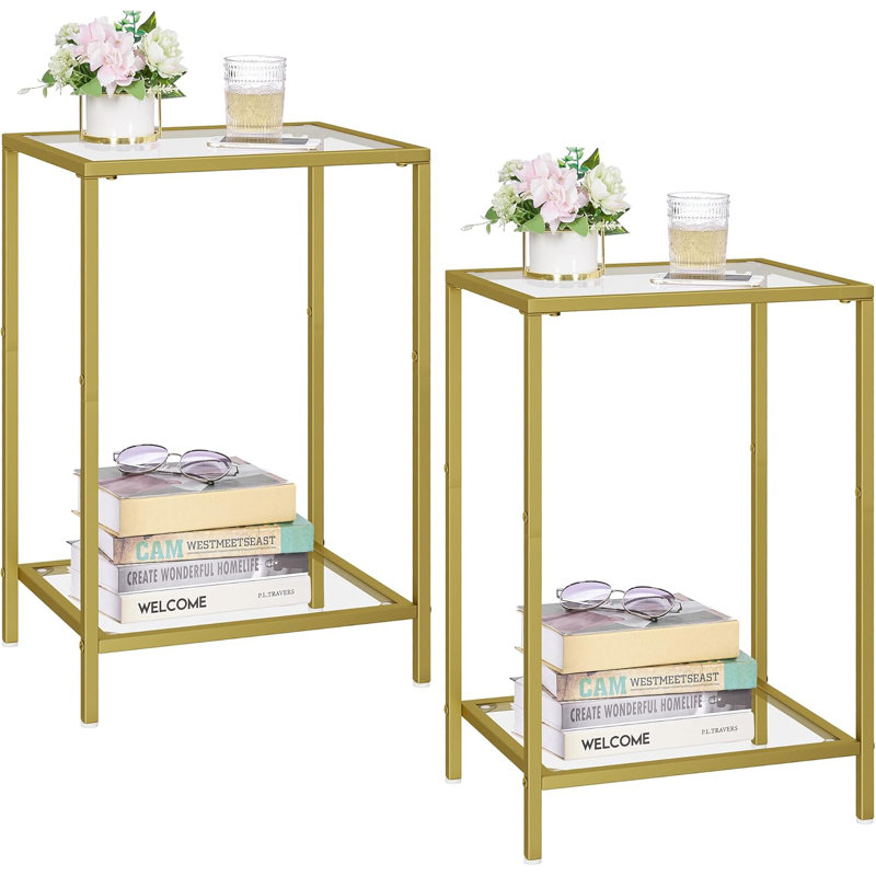 Andromedae Side Tables Set of 2, End Tables with Tempered Glass, 2-Tier Nightstands with Storage Shelves, Coffee Table with Modern Style, Slim Sofa Table for Living Room, Bedroom, 11.8" D x 15" W, Golden