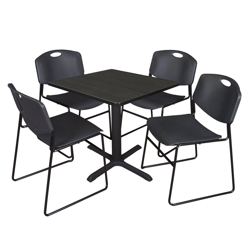 Regency Cain Square X-Base Breakroom Table & 4 Zeng Stack Chairs, Ash Gray/Black, 29" H x 30" L x 30" W