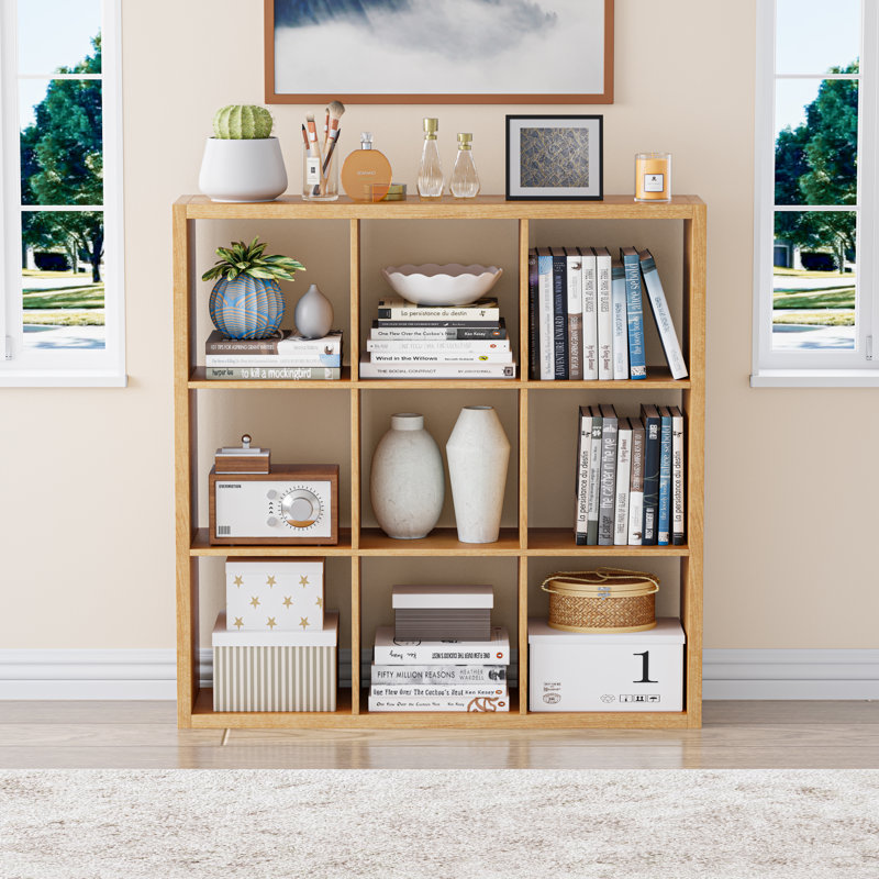 Bibliothèque à 9 compartiments avec rangement à 9 cubes, tablette robuste pour le salon, bureau à domicile, chêne naturel
