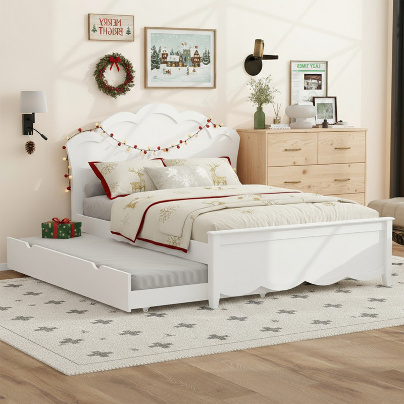 Modern Farmhouse Wood Platform Bed With Trundle, Twin/Full Size, Scalloped Headboard,Solid Wood + Mdf Frame, White Finish, Space-Saving For Small Bedroom
