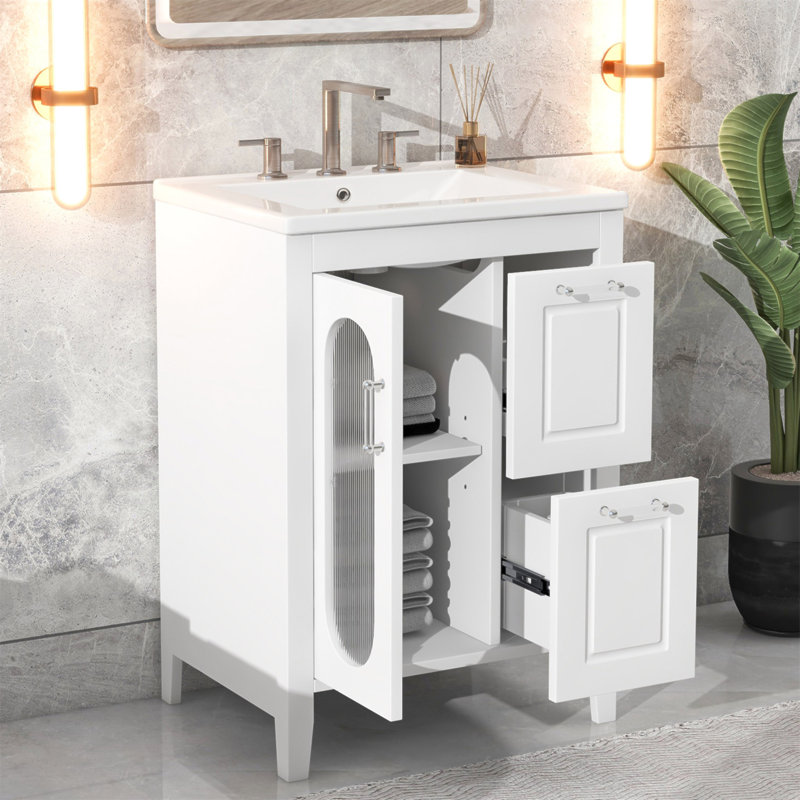 Meuble-lavabo de 24 po avec lavabo, deux tiroirs et porte, tablette réglable, fabrication en bois massif et panneau de fibres à densité moyenne