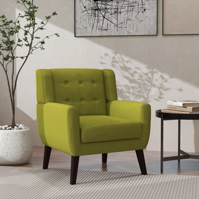 Jaqueze Upholstered Green Linen Blend Tufted Wide Back Armchair with Solid Wood Leg