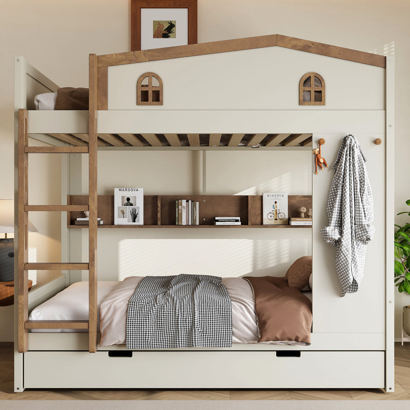 Lit superposé double au-dessus de double avec lit gigogne et tablettes de rangement, lits superposés en bois massif avec crochets, aucun sommier nécessaire, beige et naturel