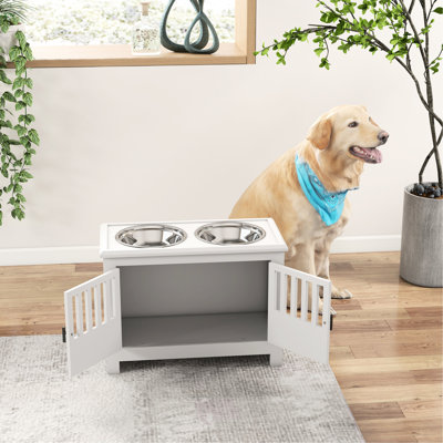 Dog Food Bowl Elevated With Cabinet, 37L Capacity, White, Enhances Pet's Eating Experience, Stainless Steel Feeding Bowls Large Stand And Storage, Facilitates Digestion,