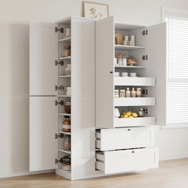 Armoire de cuisine Farmhouse avec 7 tablettes, 2 tiroirs, 3 plateaux coulissants, 6 portes et armoires latérales pour la cuisine et la salle à manger