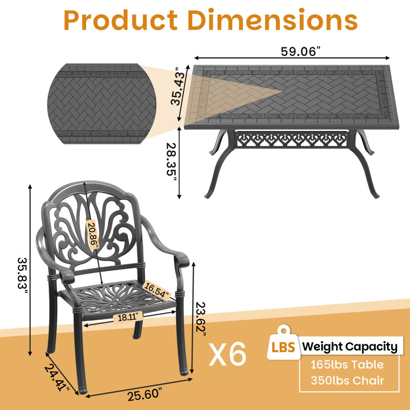 59.06" L 35.43" W Rectangular Table Cast Aluminum Outdoor Dining Set with Brown Cushions, 6