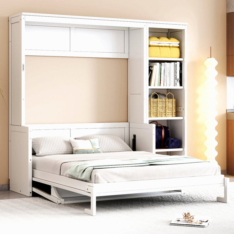 Lit escamotable avec bureau et bibliothèque Murphy, Lit double, Blanc