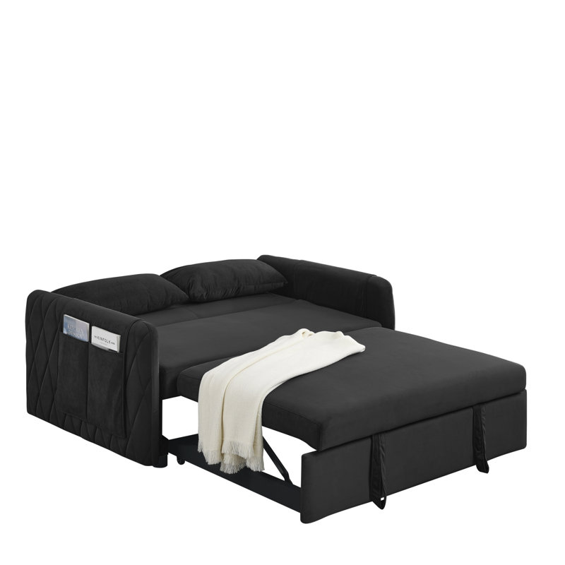 Canapé-lit moderne convertible de 55 po avec 2 poches pour accoudoirs amovibles, canapé-lit en velours avec lit escamotable, 2 coussins et dossier réglable pour le salon, accoudoirs à motif quadrillé