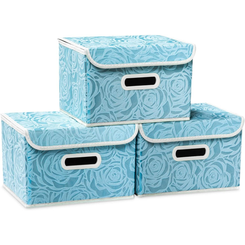 Stackable Storage Boxes With Lids [5-Pack] Fabric Decorative Storage Bins Cubes Organizer Containers Baskets With Cover Handles Divider For Bedroom Closet Living Room