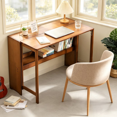 33 Inch Foldable Bamboo Desk with Open Storage Shelf, Drop Leaf Desk Writing Table for Small Apartment Dorm, Walnut