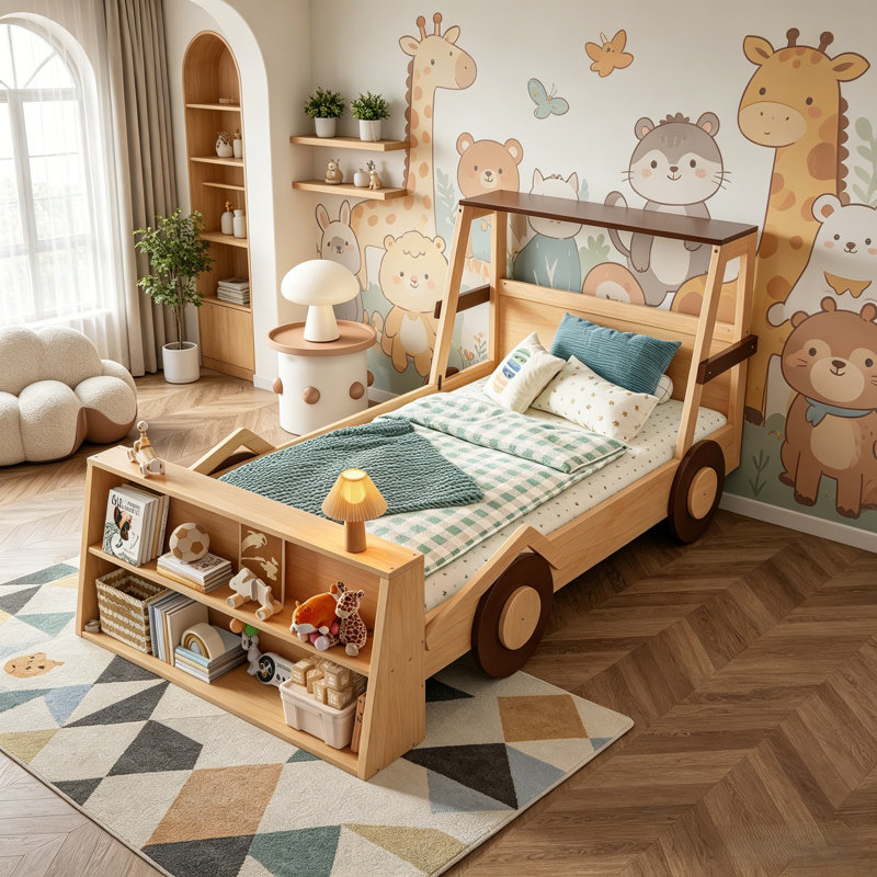 Twin Size Car Bed with Bookshelf, Cool Kids Bed with Storage Shelves and Wheels Decoration Low Profile Wood Platform Bed Frame for Boys Girls, Natural