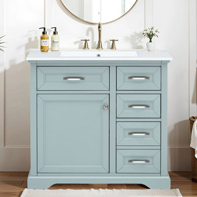 Meuble-lavabo moderne gris de 36 pouces avec lavabo encastré en céramique, charnières à fermeture en douceur, 2 tiroirs coulissants et coulissants, en bois massif et pour plus de stabilité