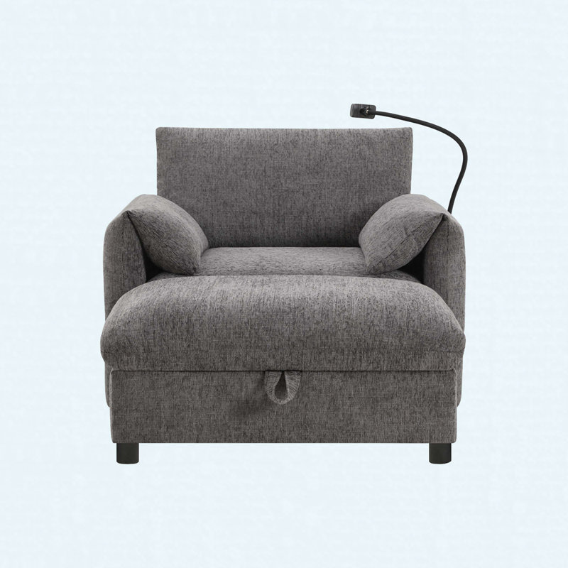 Canapé simple de 38 po avec repose-pieds, support de téléphone réglable, chargeur USB et poches latérales, Gris