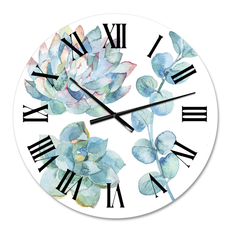 Feuilles d'eucalyptus et plantes grasses - Horloge murale traditionnelle, Moyen