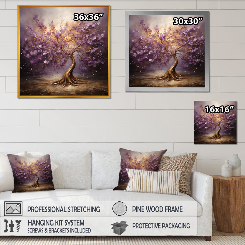 «Mauve Magictree Essence», art mural arbre, H 36 po x l 36 po, Or