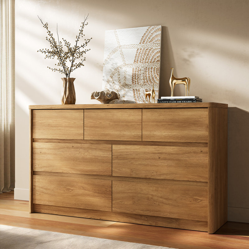  7 Drawer Dresser For Bedroom, Curved Edge Design Modern Dressers & Chest Of Drawers, 55" Wide Nursery Dresser,7 Drawer Large Dresser For Bedroom Natural Oak